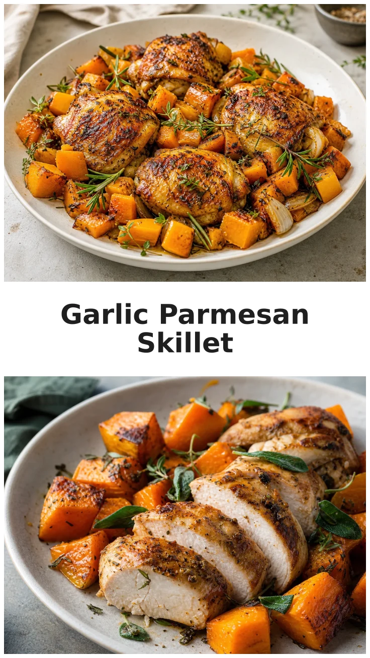 Golden Garlic Parmesan Chicken and Butternut Squash Skillet Recipe