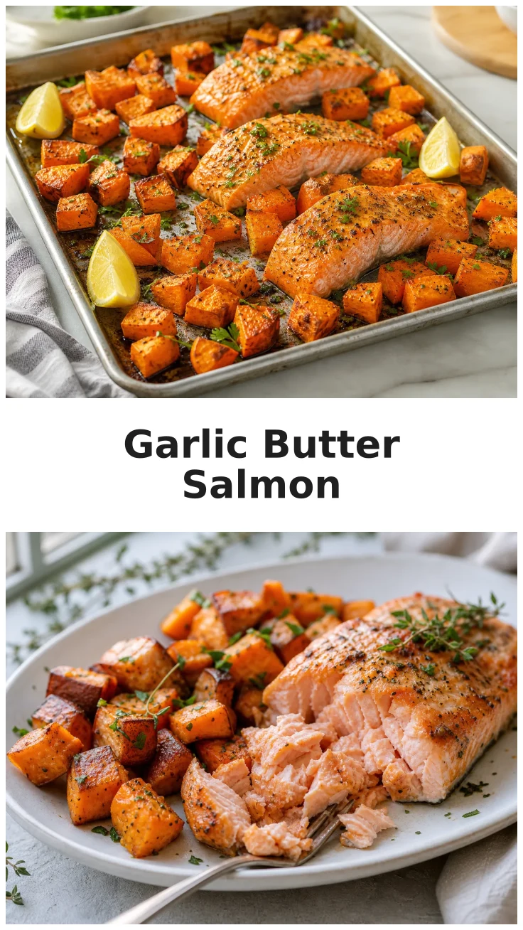 Golden Garlic Butter Salmon and Sweet Potato Sheet Pan Recipe Golden Garlic Butter Salmon and Sweet Potato Sheet Pan Recipe