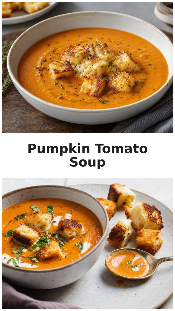Creamy Pumpkin Tomato Soup with Grilled Cheese Croutons Recipe Creamy Pumpkin Tomato Soup with Grilled Cheese Croutons Recipe