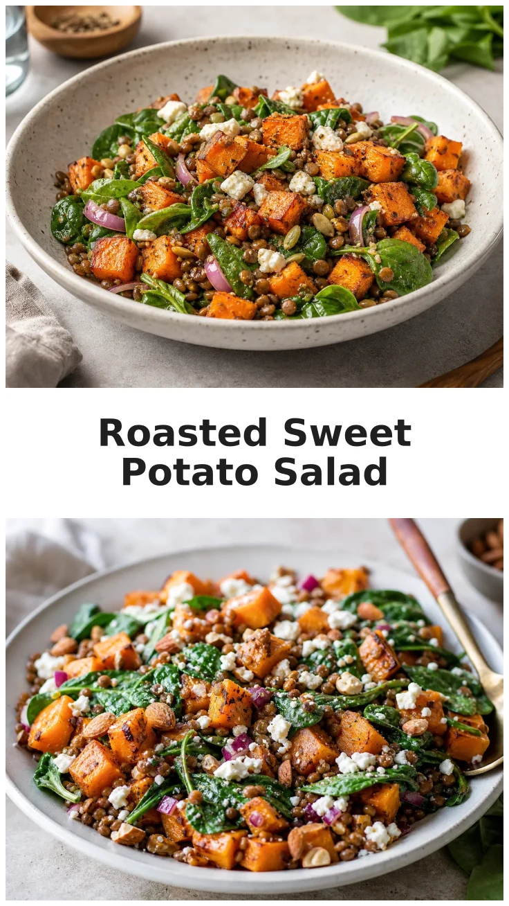 Golden Roasted Sweet Potato Lentil Spinach Salad Recipe