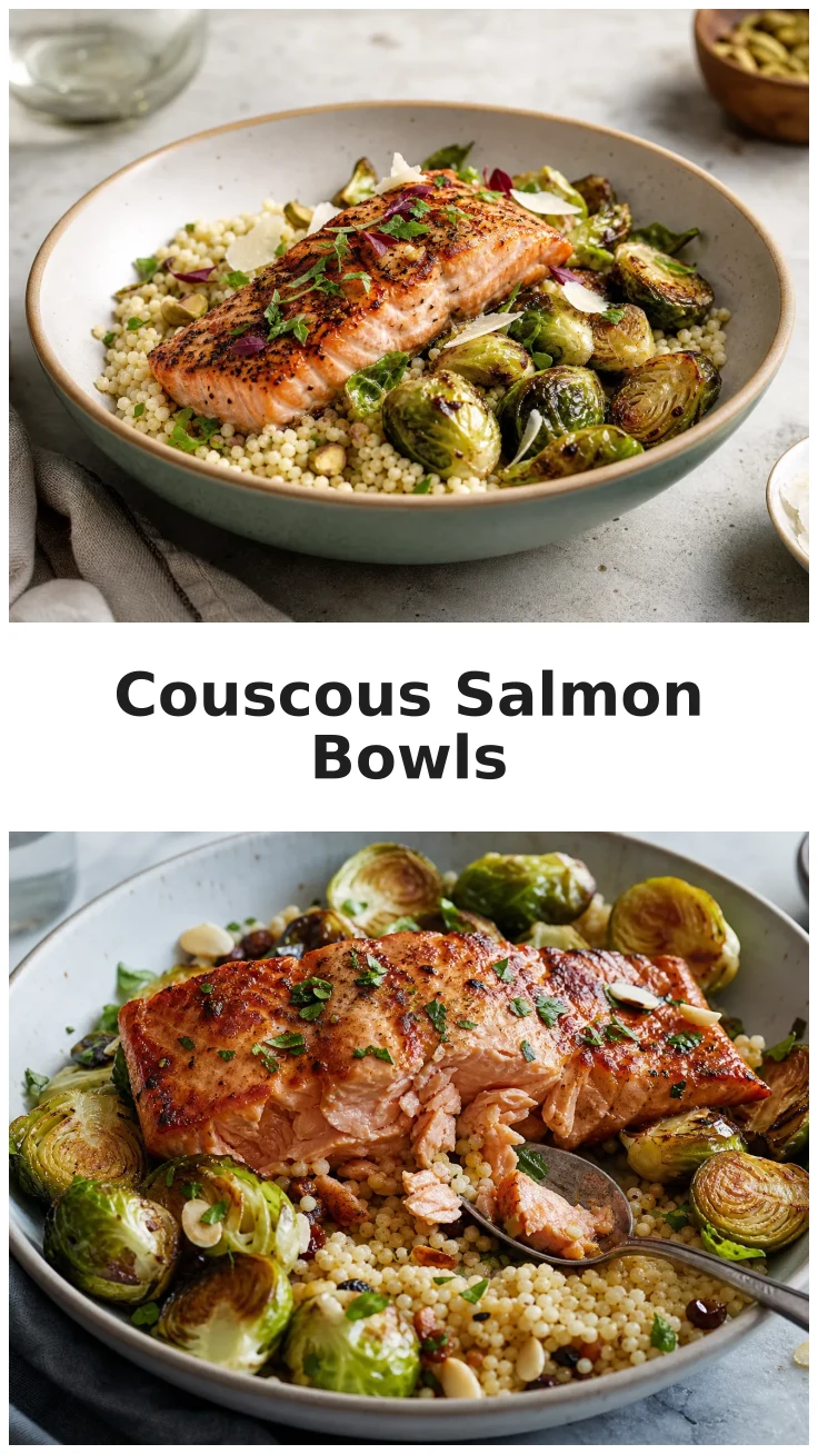 Delicious Roasted Salmon and Brussels Sprouts Couscous Bowls Recipe Delicious Roasted Salmon and Brussels Sprouts Couscous Bowls Recipe