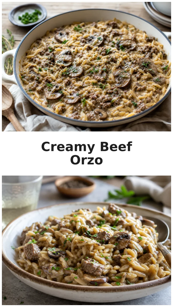 Creamy Mushroom Beef Orzo Skillet Recipe for Dinner Creamy Mushroom Beef Orzo Skillet Recipe for Dinner